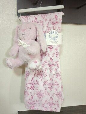 Shabby Chic Pink Floral Plush Throw Blanket 50"x60" NEW/Tag + Bunny Plush